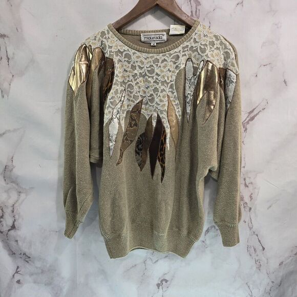 Vintage Sweater Womens Large 80s 90s Batwing Lace Leather Leopard Gold Metallic - Picture 1 of 11